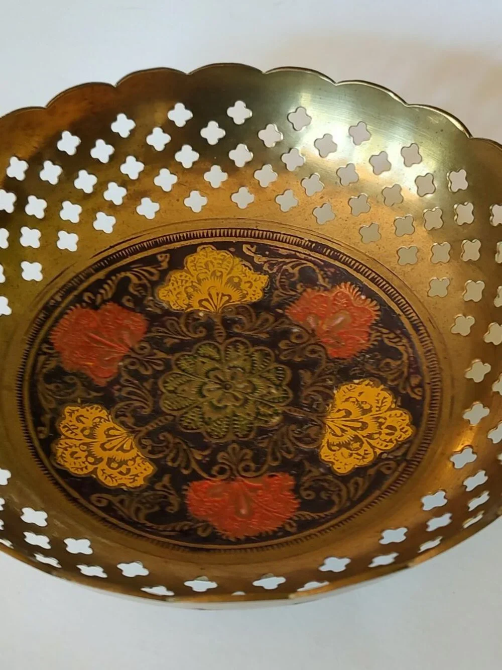 Vintage Indian Brass Pedestal Bowl Pierced Woven Design Enameled Floral Center